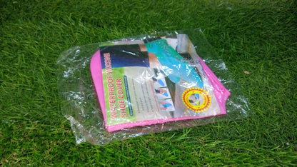 Waterproof silicone shoe covers displayed with a puddle, illustrating their rain protection.