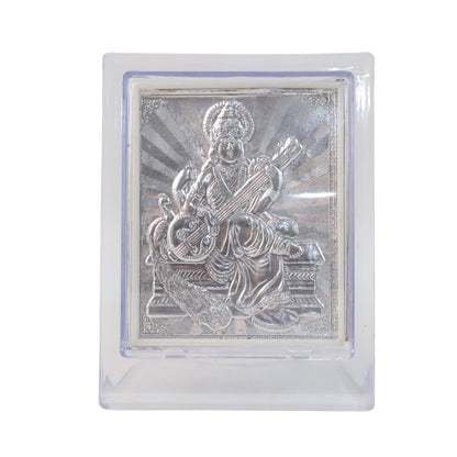 Side profile view of silver Saraswati Maa photo frame showing sturdy stand