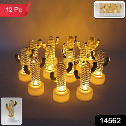 Close-up of decorative Cactus flameless LED candles glowing softly