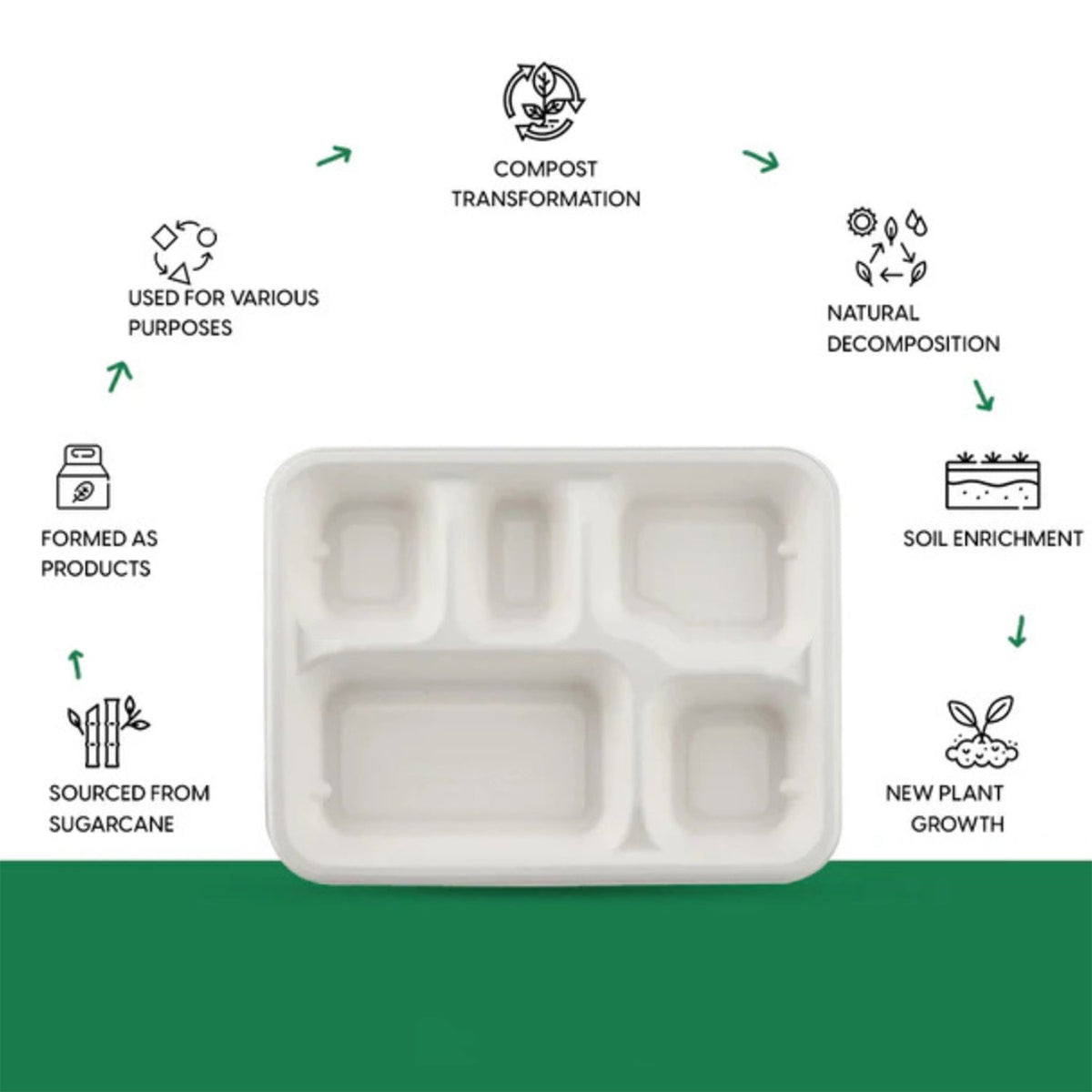 Stacked compostable 5-compartment lunch plates designed for easy storage