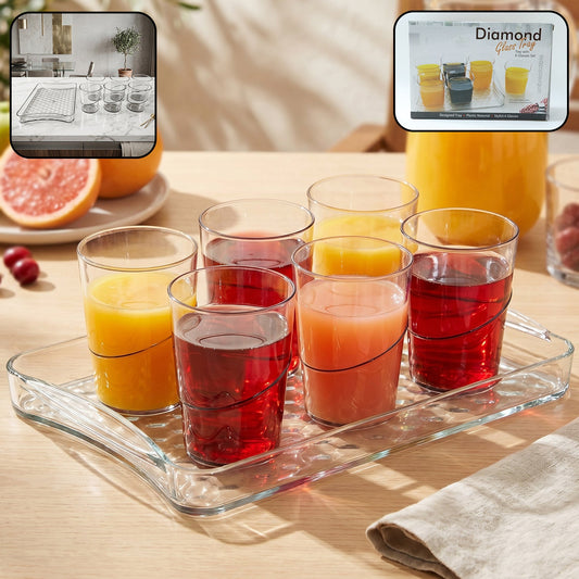 Glass serving set with six glasses and tray for home dining