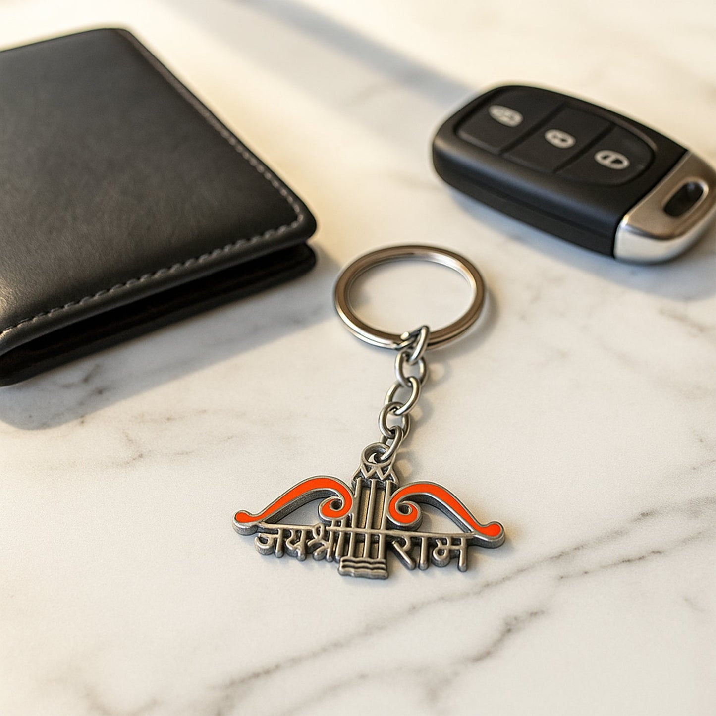 Close-up of one Krishna keychain showcasing metal quality and spiritual design.