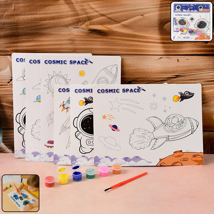 Kids painting and coloring kit with cosmic space theme featuring rockets and planets