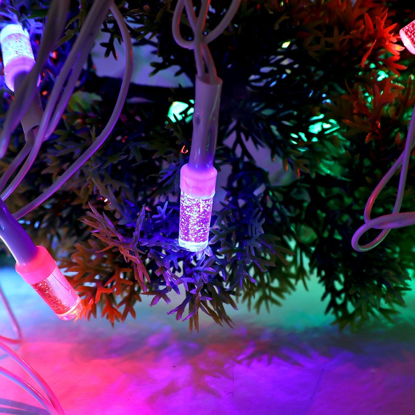Multi-color decorative LED string lights with flexible wiring suitable for indoor use