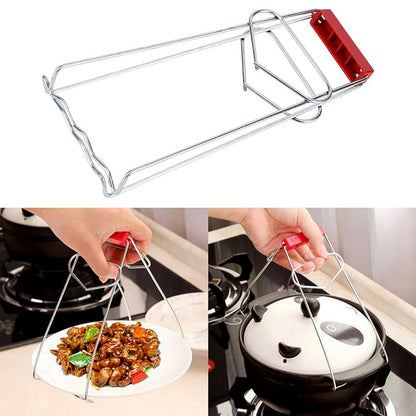 Hot cookware being safely held by vessel gripper tong with heat-resistant handle