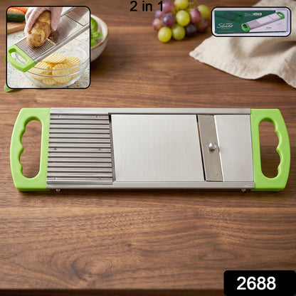 Close-up of the potato slicer's stainless steel blade, ready for cutting vegetables.