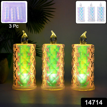 Battery-operated LED flameless candle lights with glowing multicolor flames