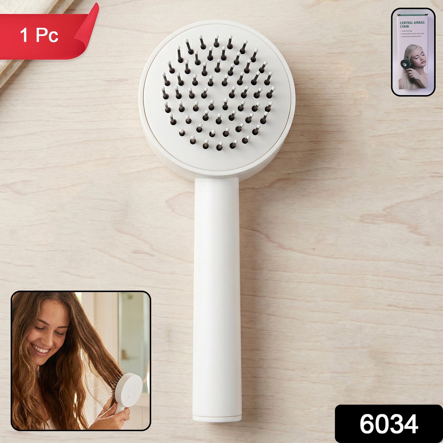 Features of the Self-Cleaning Hair Brush including detangling bristles and air cushion.