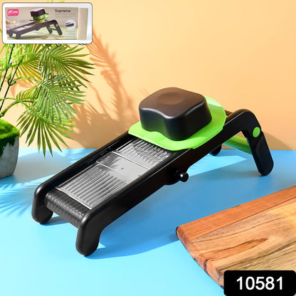Close-up of adjustable slicer showing stainless steel blade design