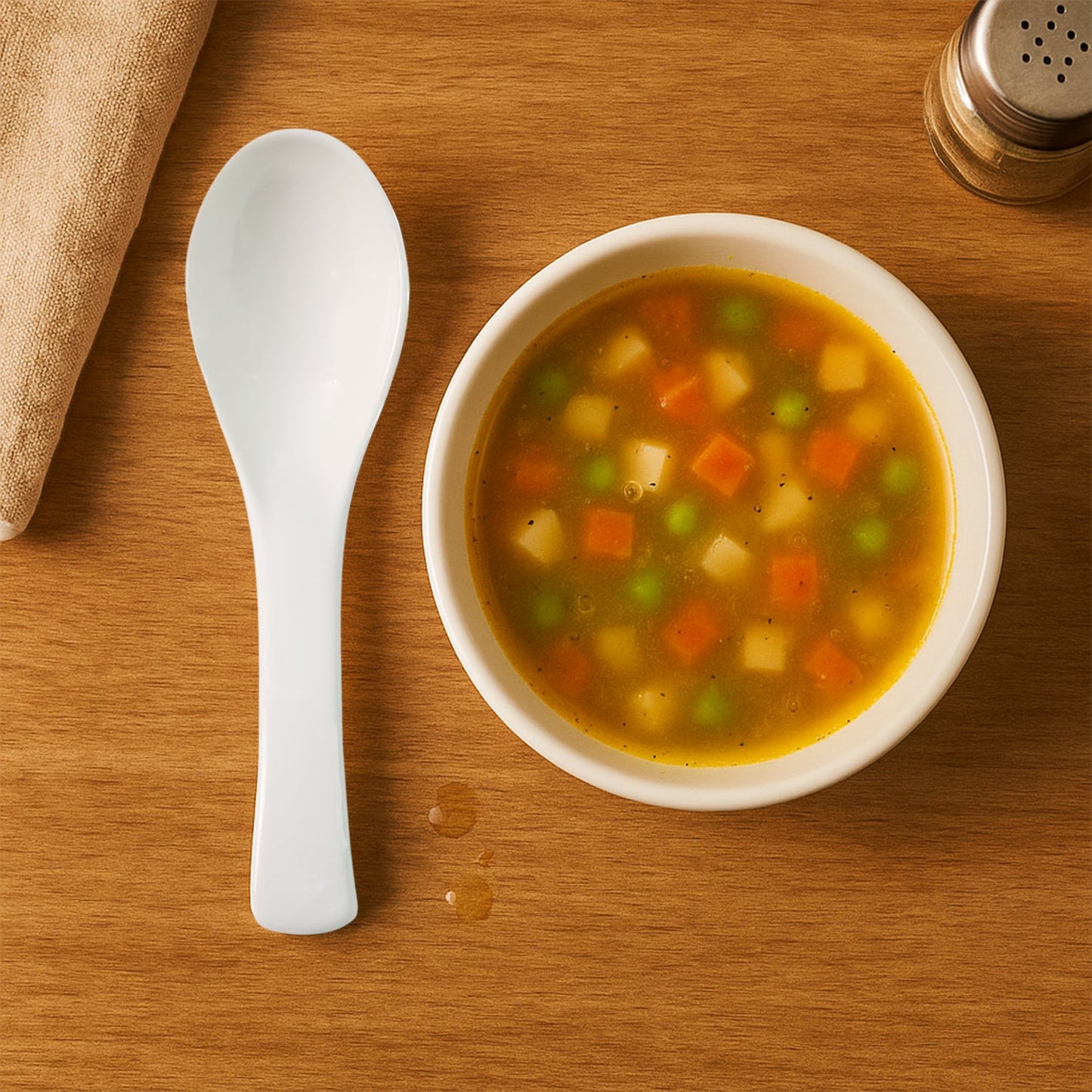 Plastic soup spoon with ergonomic handle for comfortable grip