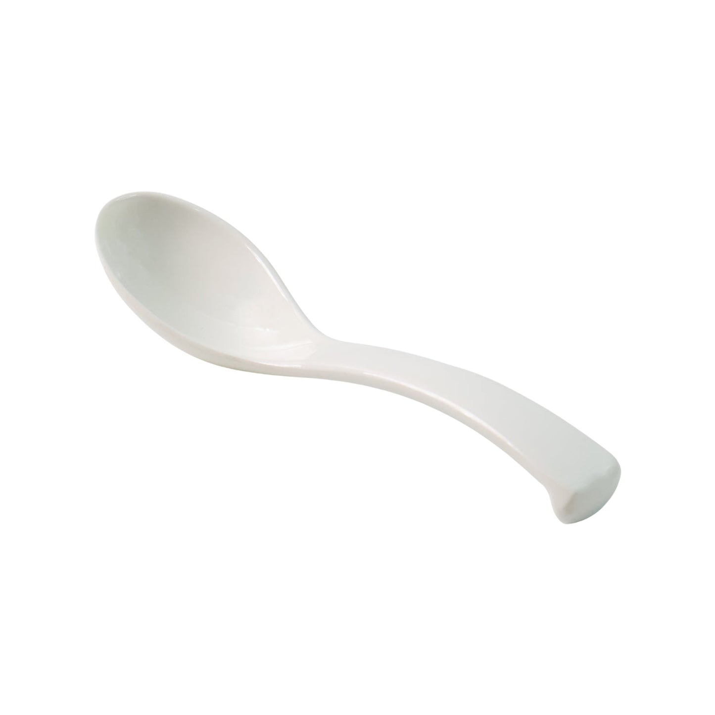 Side view of white plastic soup spoon with deep bowl