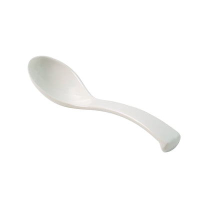 Side view of white plastic soup spoon with deep bowl